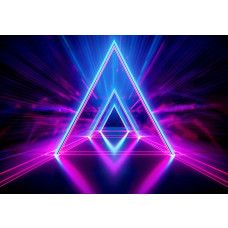 Fotobehang met neonblauwe en neonroze driehoeken die samen een futuristische tunnel vormen met een sterk 3D-effect.
