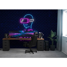Fototapete Neon VR Games in einem Spielzimmer mit lebhaften Neonfarben und VR-Headset vor einem dunklen Backsteinhintergrund für einen futuristischen Look.ergrond voor een futuristische uitstraling.