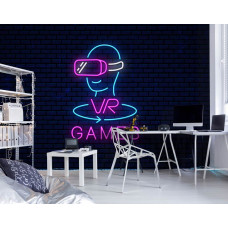 Fototapete Neon VR Games in einem Spielzimmer mit auffälligen Neonfarben und VR-Headset-Design auf dunklem Backsteinhintergrund.