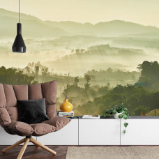 Ein beruhigendes Fototapete von einer nebligen Landschaft mit Bergen und Wald, ideal für ein Wohnzimmer.