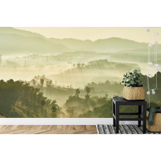 Ein nebliges Fototapete, das Ruhe ausstrahlt mit einem nebligen Wald und Bergen, perfekt für eine Küche.