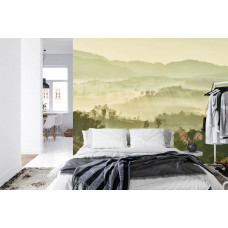Ein stimmungsvolles Fototapete mit einem nebligen Wald und Bergen, geeignet für ein Schlafzimmer.