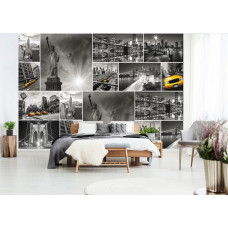 Eine Fototapete mit einer New Yorker Collage mit der Freiheitsstatue und einem gelben Taxi, ideal für das Schlafzimmer.