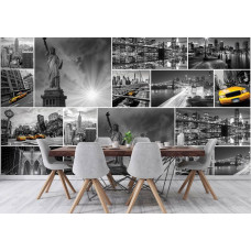 Eine Fototapete mit New York, mit der ikonischen Freiheitsstatue und einem gelben Taxi, geeignet für das Wohnzimmer.