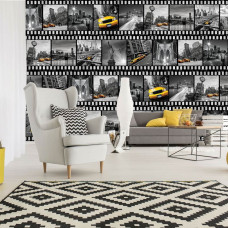 Fototapete eines Filmstreifens mit der Freiheitsstatue und einem gelben Taxi, perfekt für das Wohnzimmer.