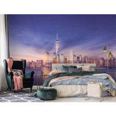 Eine Fototapete von New York in der Nacht mit Wolkenkratzern für das Schlafzimmer.