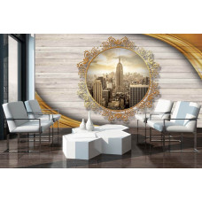 Eine Fototapete der Skyline von New York in Vintage-Perspektive mit Holzplanken-Hintergrund.