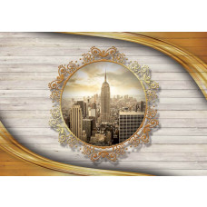 New York-Fototapete mit einer Vintage-Perspektive von Holzplanken und ikonischen Gebäuden.