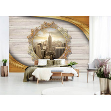 Eine Fototapete mit einer Perspektive von New York im Vintage-Stil auf einem Holzplanken-Hintergrund für ein Schlafzimmer.