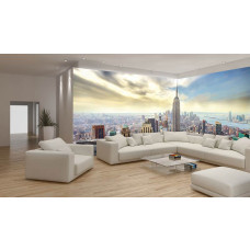 Eine Fototapete mit der Skyline von New York mit Gebäuden und einem städtischen Gefühl.