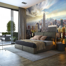 Eine Fototapete mit der Skyline von New York mit hohen Gebäuden, geeignet für das Schlafzimmer.