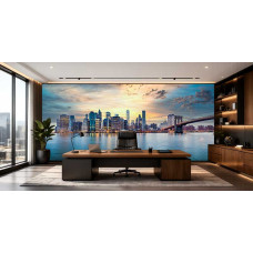 Fototapete New York Skyline bei Sonnenuntergang Panorama im Büro mit urbanem Stil und Spiegelung im Wasser.