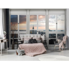 Fototapete mit Blick auf die Stadt New York aus einem Fenster, perfekt für das Schlafzimmer.