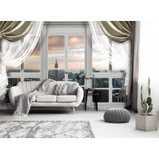 Eine Fototapete mit Blick auf New York durch ein Fenster, perfekt für eine urbane Atmosphäre im Wohnzimmer.