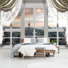 Eine Fototapete mit Blick auf die Stadt New York durch ein Fenster mit 3D-Effekt, perfekt für ein modernes Schlafzimmer.