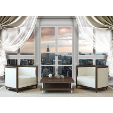 Eine Fototapete mit Fensterausblick auf die Stadt New York, geeignet für das Wohnzimmer.