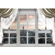 3D-Fototapete mit Blick auf die Stadt New York durch ein Fenster, mit Wolkenkratzern.
