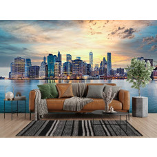 Fototapete Panorama von New York bei Sonnenuntergang im Wohnzimmer mit Brooklyn Bridge und moderner Skyline.