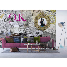 Eine Fototapete mit alten Zeitungen in Schwarz-Weiß, ideal für die Schaffung einer nostalgischen und stilvollen Atmosphäre in einem Wohnzimmer.