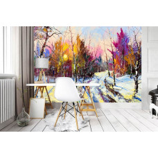 Eine Fototapete im Stil eines Ölgemäldes mit einer winterlichen Waldlandschaft als Kunstwerk für das Wohnzimmer.