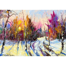 Ölgemälde-Fototapete einer winterlichen Waldlandschaft, künstlerisch und stimmungsvoll.