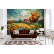 Fototapete mit einem Ölgemälde einer Landschaft in einem Wohnzimmer auf Vliestapete.
