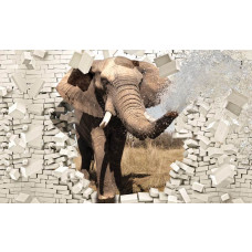 Fototapete mit einem 3D-Elefanten, der eine Wand durchbricht, mit einem beeindruckenden visuellen Effekt.