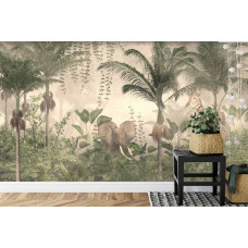 Eine Fototapete mit einem Elefanten und einer Giraffe in einem natürlichen Dschungel, abgebildet in einem Schlafzimmer.