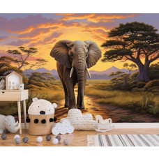 Eine Fototapete mit einem Elefanten in der Savanne mit tropischer Natur im Kinderzimmer.
