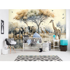 Eine Fototapete mit Elefanten und Giraffen in der Savanne, ideal für ein Babyzimmer.