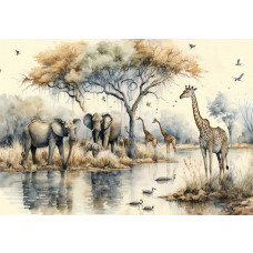 Fototapete mit Elefanten und Giraffen in der afrikanischen Savanne, perfekt für ein verspieltes und abenteuerliches Kinderzimmer.