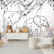 Eine Fototapete mit Elefanten im skizzenhaften Stil als Farbtafel in einem verspielten Kinderzimmer.