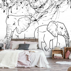 Eine Fototapete mit Elefanten im skizzenhaften Stil als Farbtafel, perfekt für ein heiteres Schlafzimmer.