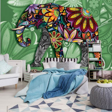 Eine Fototapete mit abstrakter Elefantenkunst für das Schlafzimmer.