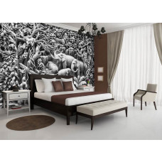 Eine Fototapete, die eine Elefantenfamilie in einer natürlichen Dschungelumgebung zeigt, ideal für ein abenteuerliches Schlafzimmer.