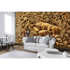 Eine Fototapete mit einer Elefantenfamilie in einer natürlichen Dschungelumgebung, ideal für ein warmes Wohnzimmer.