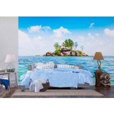 Ein Fototapet von einer unbewohnten Insel mit tropischem Meerblick in einem Schlafzimmer mit Vliesbehang.