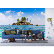 Ein Fototapet von einer unbewohnten Insel mit tropischem Meerblick in einem Wohnzimmer.
