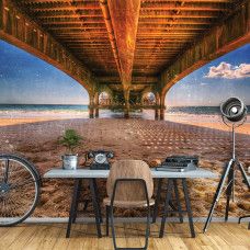 Fototapete einer Brücke unter einem Pier am Strand, geeignet für das Büro.
