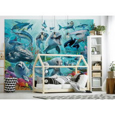 Fototapete einer Unterwasserwelt mit bunten Meeresbewohnern, die eine fantasievolle Atmosphäre schafft. Ideal für ein Babyzimmer, um eine weiche und phantasievolle Umgebung zu schaffen.