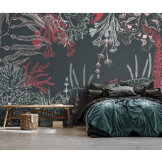 Eine Fototapete mit farbenfrohen Unterwasserpflanzen und Korallen in einem beruhigenden Schlafzimmer.