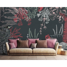 Eine Fototapete mit farbenfrohen Unterwasserpflanzen und Korallen in einem stimmungsvollen Wohnzimmer.