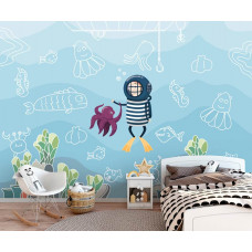 Eine Fototapete mit einem Taucher in der Unterwasserwelt des Meeres für Kinderzimmer und Babyzimmer.