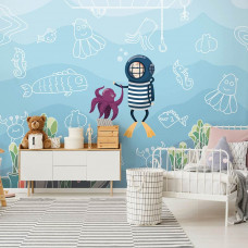 Eine Fototapete mit einem Taucher in der Unterwasserwelt des Meeres für Kinderzimmer.