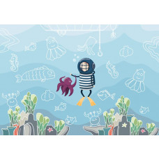 Fototapete mit einem Taucher im Meer, tiefer Unterwasserwelt Thema.