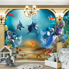 Eine Fototapete mit einer Unterwasserwelt mit Meerjungfrauen, Delfinen und Fischen, perfekt für ein Babyzimmer.