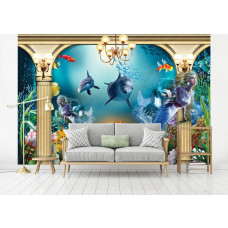 Eine Fototapete mit einer Unterwasserwelt mit Meerjungfrauen, Delfinen und Fischen, ideal für ein Wohnzimmer.