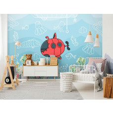 Fototapete U-Boot und Unterwasserwelt mit Fischen im Meer für Kinder im Kinderzimmer und Kinderzimmer.