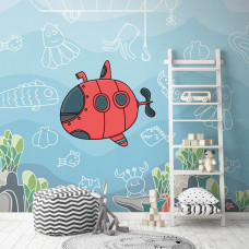 Fototapete U-Boot und Unterwasserwelt mit Fischen im Meer für Kinder im Kinderzimmer.