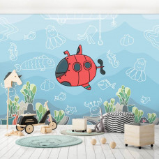 Fototapete U-Boot und Unterwasserwelt mit Fischen im Meer für Kinder im Spielzimmer und Kinderzimmer.